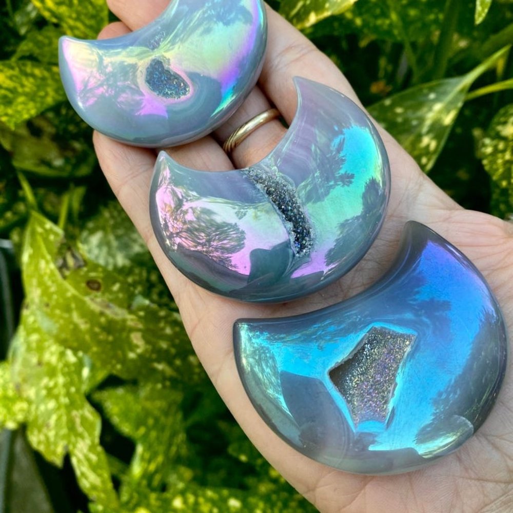 Aura Druzzy Agate  Crystal Crescent Moon - Picture 2 of 2